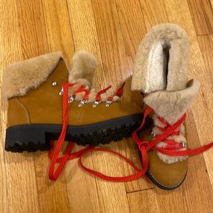 Jcrew Nordic flat boot. Gently used. Cognac with red laces.